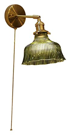 JANXLE Wall Lights with Pull Cord Switch Glass Shade Bedside Vintage Wall Lamps Copper Industrial Modern Wall Lighting for Living Room, Bedroom, Hallway, Kitchen, Farmhouse, Hotel, E27 Base (Green)