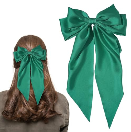 LECTNORE Green Hair Bow - Large Bowknot Hair Clip for Women, Satin Silky Ribbons with Long Tail, French Barrette Hair Accessory for Girls Ponytail Holder