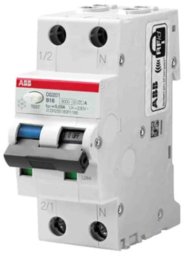 ABB RCBO System Pro M Compact DS201 FI/LS-Schalter 16A, 2-polig, Empfindlichkeit 30mA, DIN-Schienen-Montage