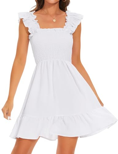 ROYLAMP Women's Smocked Dresses Square Neck Elegant Tiered Boho Ruffle Shoulder Swing Flowy Summer Casual Mini Dress White M