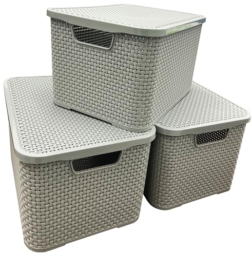 STORM TRADING GROUP Light Grey Rattan Effect Storage Baskets With Strong Lids Ideal For Kitchen, Bathroom, Laundry Room, Home & Office Storage Boxes (1)