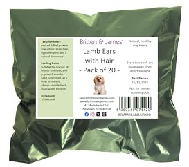 Britten and James 20 Airdried Lamb Ears with Hair for Dogs. Natural Healthy and Tasty Dog Treat Chews