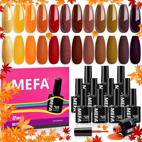 MEFA Autumn Gel Nail Polish Set, 12 Colors Orange Gel Polish Set Glitter Red Brown Gel Polish Soak Off UV Led Dark Red Nail Gel Manicure at Home DIY Salon for Women