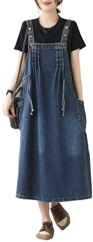 LIUYUYOUGO Fritidsklänningar för kvinnor, damers denim överdragsklänning elegant mörkblå ärmlös tankklänning sommar ledig lös denim hängselbyxor klänning överdimensionerad volang jeansklänning med