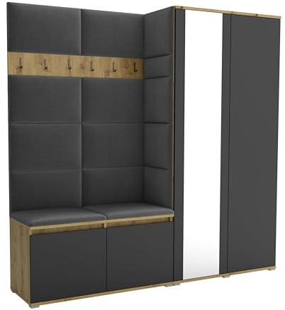 Brent - Flurgarderobe Luton 4, Garderobe Set: Schuhbank mit Sitzfläche, Garderobenpaneel, Garderobe mit Spiegel, Flur Möbel, Artisan Eiche Schwarz + Polsterpaneele in Grau