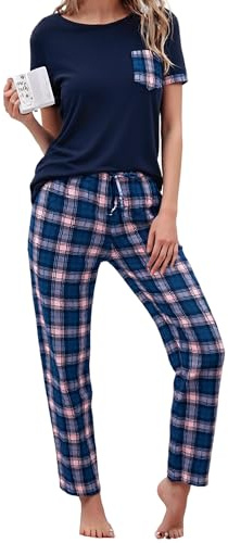 Litherday Ensemble Pyjama Femme Coton Haut Poche Bleu Marine L
