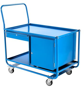 The Workplace Depot 2 Tier Steel Trolley – Blue Powder-Coated Steel Workshop Cart with Lockable Drawer & Cupboard, 150 kg Load Capacity, Swivel Castors, Ideal for Garages & Warehouses