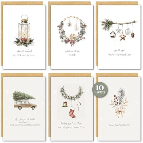 YISCOKO Set de tarjetas de Navidad con sobre (10 unidades) - A6 Tarjetas de Navidad acuarela - Feliz Navidad