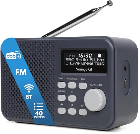 MangoKit MD2 Plus Radio Dab/Dab+/FM portátil - Bluetooth, 40 presintonías, Pantalla Grande, Funcionamiento con Red o Pilas, Toma de Auriculares, Radio compacta para mesilla o Cocina
