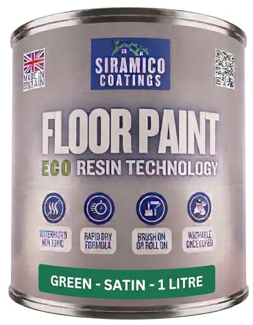 SIRAMICO COATINGS Floor Paint | 1 Litre | Satin | Water-Based Quick-Dry Formula - Non-Toxic, No-VOC, Durable Coating for Concrete, Brick, Stone & Wood Floors (Green)