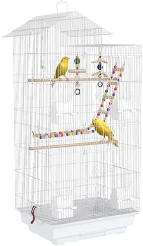 PawHut Gabbia per Uccelli, Voliera con Maniglia e Porte, Gabbietta con Altalena, Ciotole e Giochi, 46x36x100 cm, Bianco