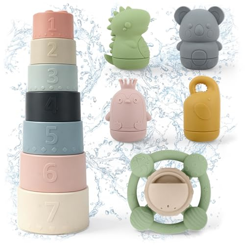 Jouets de Bain Bébé Silicone 0+ Ans, Jouets de Bain pour Bebe avec Jouets à Presser Sensoriels, Volant à Ventouse et Gobelet Empilable Jeux de Bain Jouets de Douche, Jeux Educatif Cadeaux pour Bébé