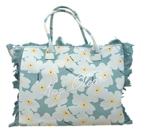 NAJ-OLEARI Borsa Mare con Frange, Fantasia Floreale, Manici in Tessuto, 39x31x20 cm (Verde)