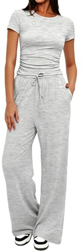 Co Ord Sets for Women UK – Soft Breathable 2 Piece Outfits with Wide Leg Trousers & Pockets, Elastic Waist Lounge Wear for Home, Travel & Daily Wear (UK, Alpha, S, Regular, Regular, Light Grey)