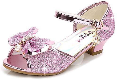 Eleasica Fille Haute Qualité Chaussures de Princesse Paillettes Sandales Argenté Bleu Doux Halloween Noël Anniversaire Ballerine à Talon Déguisement,Rose,28 EU