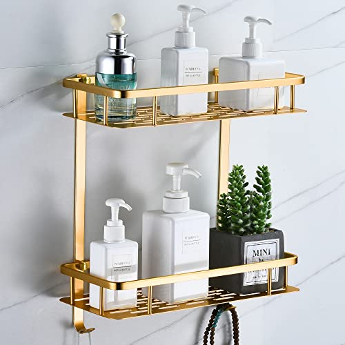 Étagère de Douche Sans Perçage, Etagere Salle de Bain avec Crochets Carré Tablette Murale pour Rangement (2 Étages, D'or Champenois)