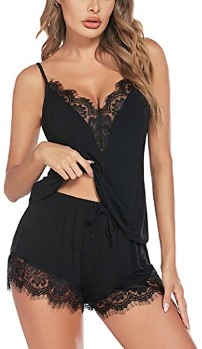 Avidlove Women's Pajama Cami Set Sexy Lace Nightwear Two Piece Short Sleepwear Soft Nightwear with Shorts (Black,XXL)
