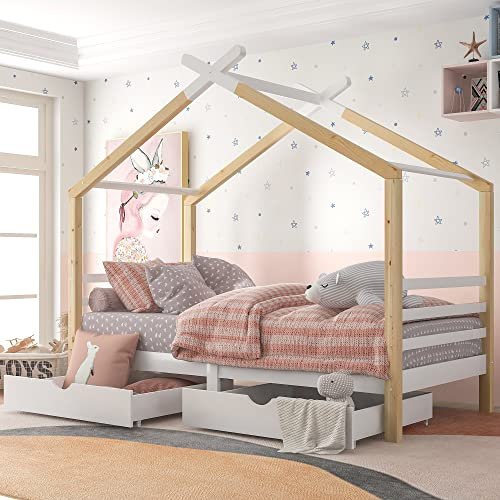 Wooden House Bed with Two Storage Drawers for Kids, Solid Pine Wood, 3 FT Single Tree House, Canopy Bed for Children Girls and Boys, 190 * 90 cm (Natural)