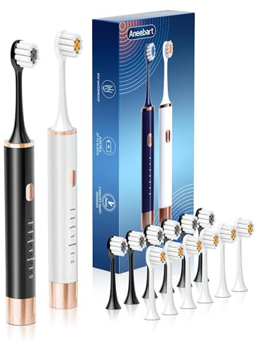 Aneebart Sonic 2 Pack Electric Toothbrush for Adults and Kids, Travel Toothbrush Includes 12 Replacement Toothbrush Heads, 6 Modes with 2 MIN Smart Timer (Black White)