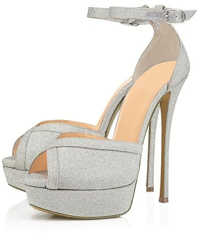 LEBE Tacco Alto 15CM Décolleté a Punta Aperta da Donna Sandali con Plateau a Spillo Scarpe Eleganti da Festa-Silver||36