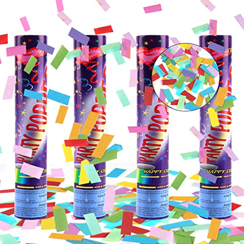 Hillylolly Konfetti Popper Papier - 4 x Konfettikanone Bunt 28 CM, Party Popper, Shooter, Cannon, Rechteckig - Für Hochzeit, Geburtstag, Party