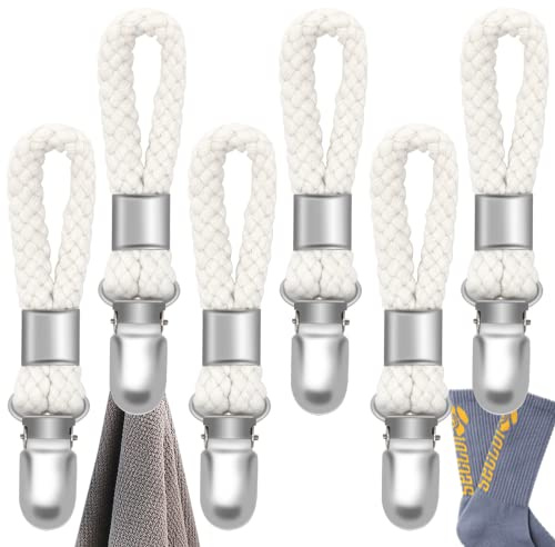 6 Pack Towel Hook Holder Braided Cotton Loop Towel Hangers Metal Clip Towel Hangers Rack Hand Towel Hook Tea Towel Holders for Kitchen Bathroom Ivory