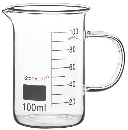 stonylab Bägarglas med Handtag, Graderad Griffin-bägare i Borosilikatglas med Låg Form, Handtag och Pip, 100 ml, Laboratorieglas