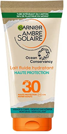 GARNIER Ambre Solaire - Lait Fluide Hydratant - Haute Protection Solaire - FPS 30 - Protège des UVA & UVB - Hydratation 24h - Résiste à L'Eau - Fini Invisible - Visage & Corps - 175 ml
