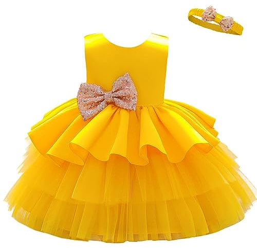 Lito Angels Baby blomma flicka brudtärna klänningar bröllopsfest outfit fin balklänning tillfälle klänning med pannband, gUL, 12-24 månader