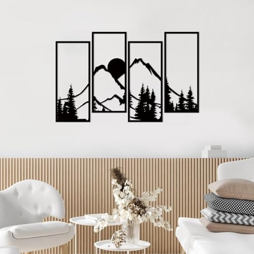 Resama 4 Stück Metall Berg Wald Sonne Wanddekorationen Minimalistische Wanddekoration Linienzeichnung Wandkunst Rustikale Natur Home Skulptur für Wohnzimmer Büro Innen und Außen (Bergwald)