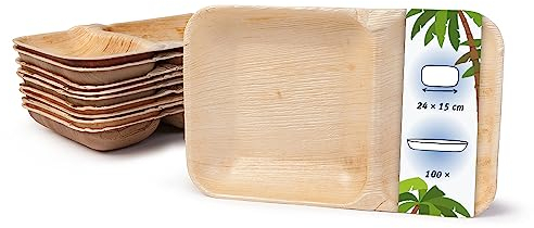 onlyleaf Palmware - Platos de hojas de palma I Plato de menú desechable de 100 piezas hecha de hoja de palma rectangular de 24x15cm con 2 compartimentos separados