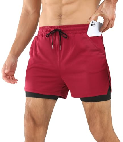 Comilaka löparshorts för män, 2 i 1 shorts som andas, gym, träning, atletisk träning, sportshorts med telefonficka, Röd, L