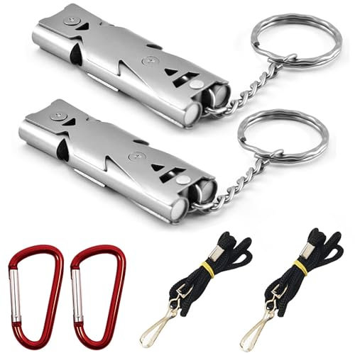 CTRICALVER Sifflet de Survie, sifflet de sécurité à décibels élevés, avec lanière, Porte-clés, sifflet d'urgence à Double Canon, 80~150 DB, adapté aux Camping en Plein air, randonnée (2 Ensembles)