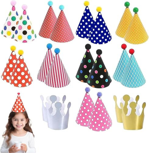 Ninnyi 22 PCS Mini Party Hats with Pom Poms, Cone Birthday Hats Cute Crown for Adults Kids Toy Animals, 18 Hats and 4 Crowns
