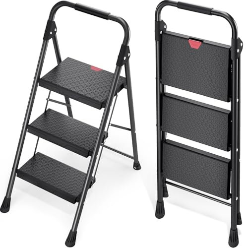 KINGRACK 3-Step Ladder with Handrail, Folding Steel Step Stool, Black