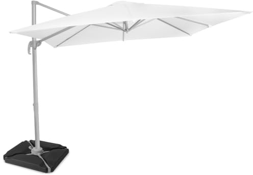 VONROC Parasoll Premium Pisogne 300 x 300 cm - UPF 50+ duk | 360° rotation och total lutning | aluminiumstruktur i rostfritt stål | skydd + 4 triangelplattor ingår | träutseende (Vit med fot)