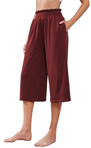 Famulily Ladies Summer Stretchy High Waist Cropped Trousers Yoga Wide Leg Lounge Pants with Pockets