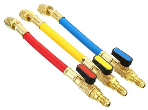 Nicear 3st laddningsslangar och kulventilset, färgkodade slangar/w kulventil 1/4 SAE-gänga för AC HVAC-underhållssats och luftkonditionering (24cm)