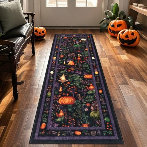 Geanup Autumn Runner Rug for Hallway 60×180 cm, Purple Washable Non Slip Rubber Backing Carpet for Kitchen, Autumn Soft Faux Wool Low Pile Bedroom rug, Pumpkin Floor Mat for Entrance Passage Entryway