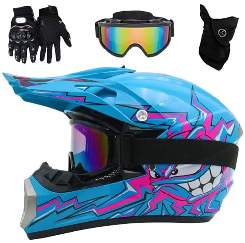 Caschi da Motocross Per Ragazzi E Bambini, Casco da Motocross Per Adulti Con Occhiali, Guanti E Maschera, Per Ragazzi E Ragazze Dai 5 Ai 14 Anni, Quattro Ruote, Omologato DOT(A blue day,L(56-57cm))