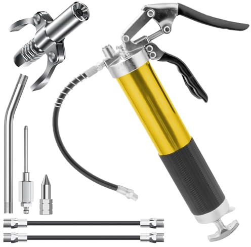 lisetar Fettpresse für Schmiernippel, 8000 PSI Hochleistungs Fettpresse Set mit Schnellkupplung, Mundstück und Fettnadeldüse, Fettpresse für 400g Fettkartusche mit Flexschlauch und Metallrohr (Gelb)
