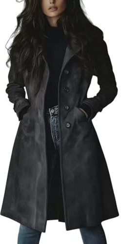 Giacca in pelle scamosciata per le donne Autunno Retro Doppio Petto Classico Risvolto Sottile Signore Faux Suede Cappotto Elegante Camoscio Lungo Trench Cappotto, grigio, S