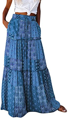 Générique Jupe Longue Femme Jupe Longue Volants Femme bohème Volants Maxi Fluide Taille élastique Ample Plage Festival Bohème Maxi Plage Confortable Respirante Douce Chic Facile à Porter Style Fluide
