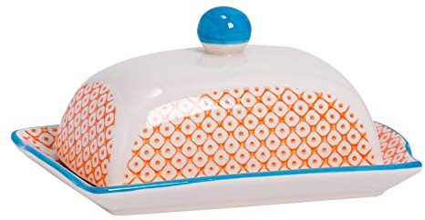 Nicola Spring Hand Printed Butter Dish with Lid - 18.5x12cm - Orange Vintage Floral Porcelain Kitchen Butter Dish Fridge Cheese Storage Container for Cheese, Margarine
