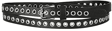 Allegra K Grommet Belt Leather Extra-Skinny Slim Thin Waist Belts for Women Punk Rock Style Black 104.5cm/41.14''