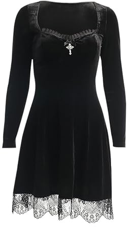 Autumn Black Velvet Dress Women High Waist Long Sleeve Gothic Punk Lolita Mini Party Dresses