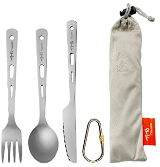 TiTo Titanium Cutlery Set Spoon Spork Knife Chopsticks Portable Lightweight Outdoor Flatware Extra Strong 3/4/5 Piece Straw for Home Use/Travel/Camping/Picnic/Hiking Tableware (3-Piece Cutlery Set)