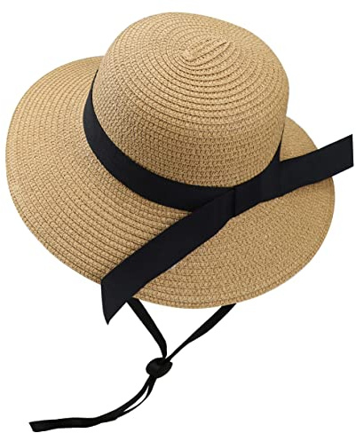 Girls Wide-Brim Straw Sun-Hat for Summer Beach with Bow 5 to 9 Years (Khaki, 5-9 Years)