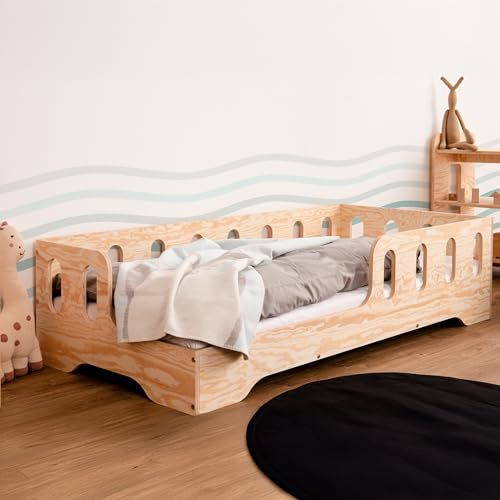 smartwood Kinderbett 70x140 Montessori Bett mit Rausfallschutz & Lattenrost - Kiefernsperrholz mit FSC-Zertifikat - für Jungen und Mädchen - Einfache Montage - TILA 1L