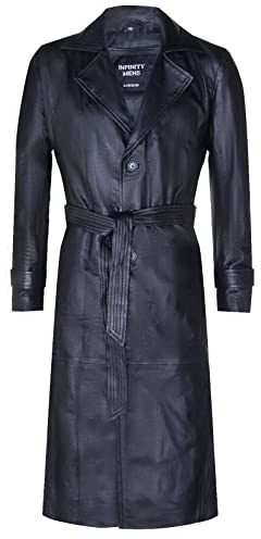 Infinity Leather Gabardina Larga Clásica de Cuero Negro Para Hombre S